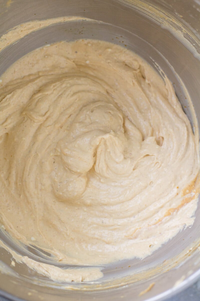 Mixed Healthy mini pumpkin cheesecake filling in a bowl.