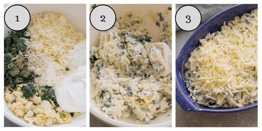 a collage with step by step instructions showing how to make healthy spinach artichoke dip