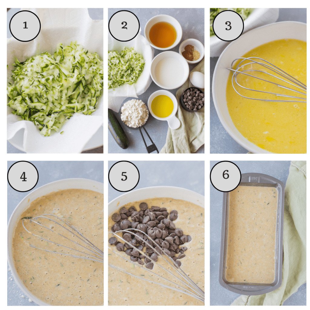 A collage showing step by step how to make healthy zucchini bread