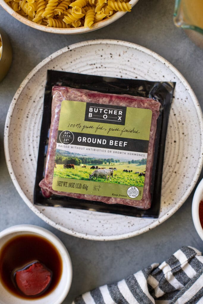A close up of ButcherBox's ground beef on a white dish