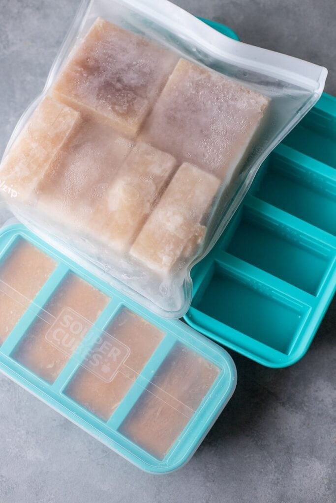 Soup frozen in individual portions with containers off to the side