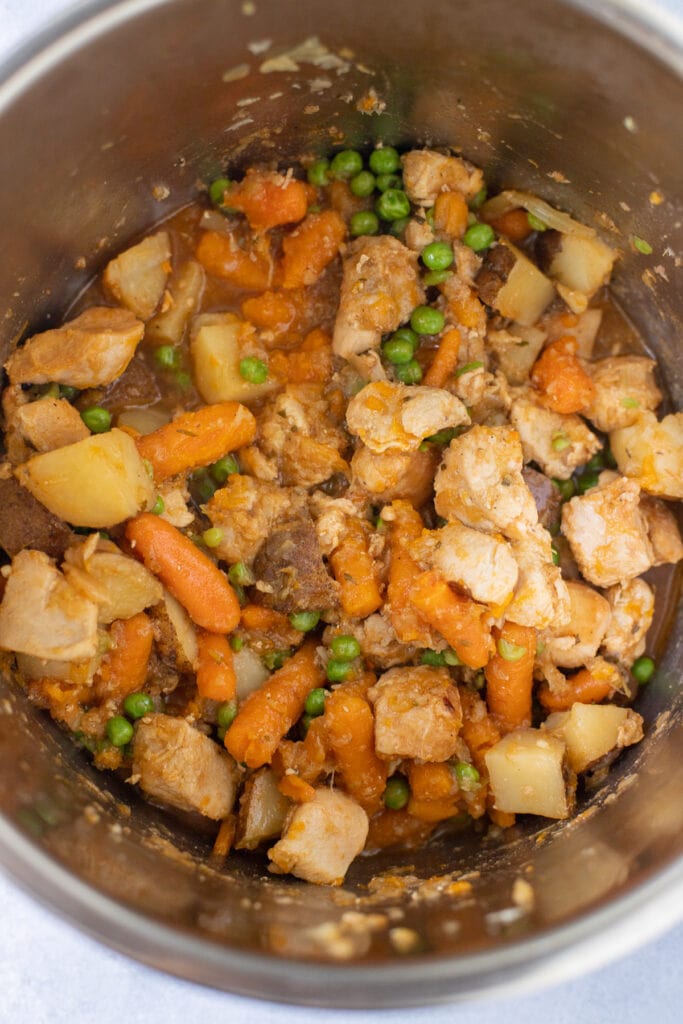 An overhead shot of Instant Pot Chicken Stew throughly mixed