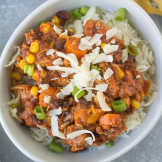 Leftover Turkey Chili in a white bowl