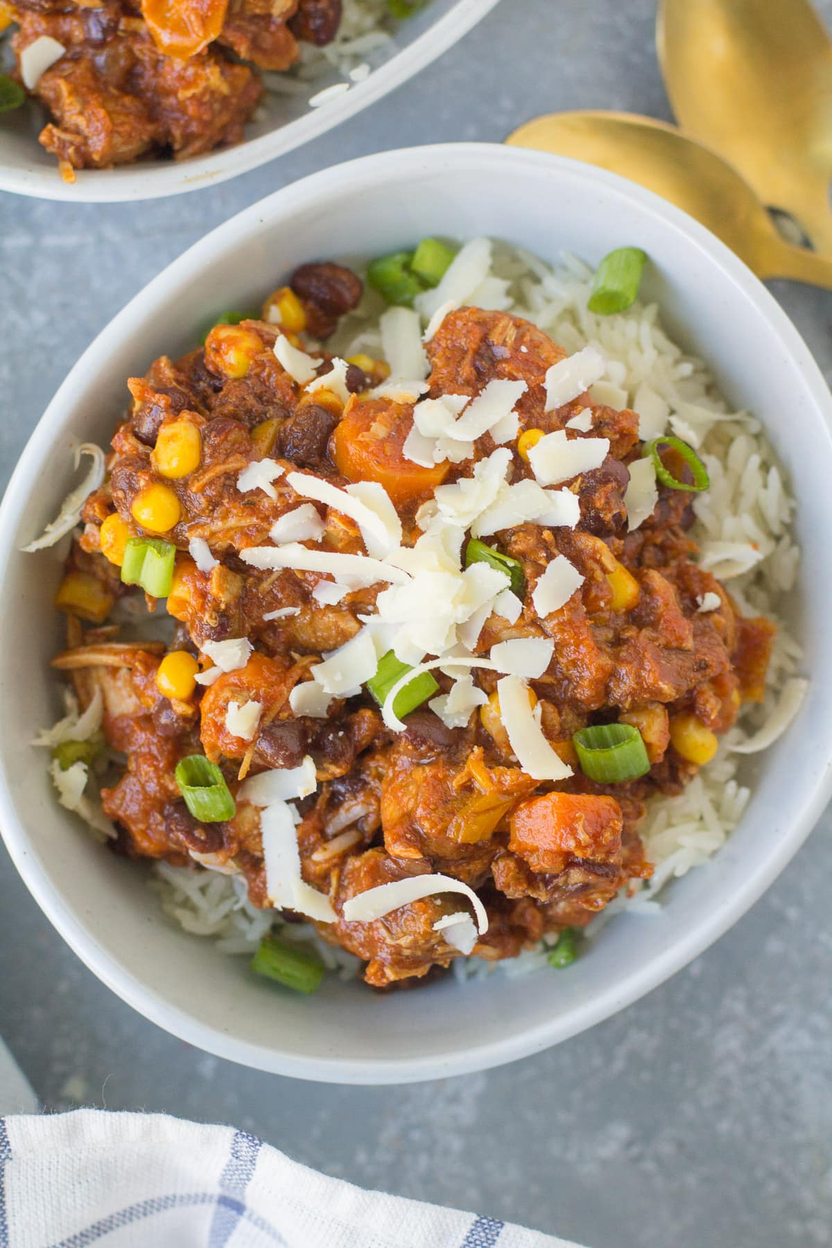 Leftover Turkey Chili in a white bowl