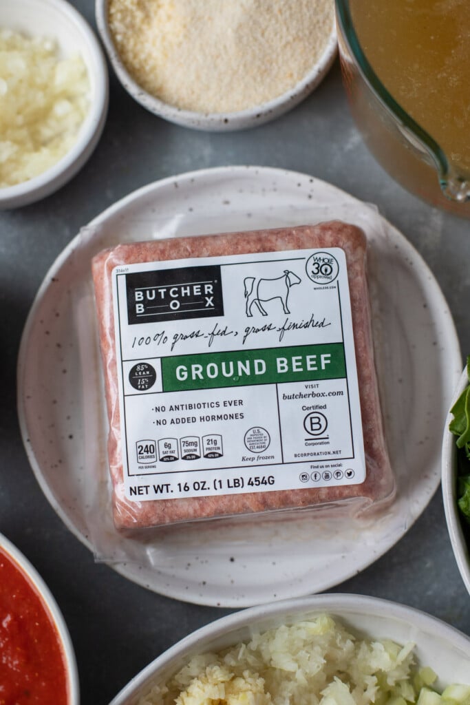 A close up of butcherbox ground beef before being made into meatballs for Italian meatball soup