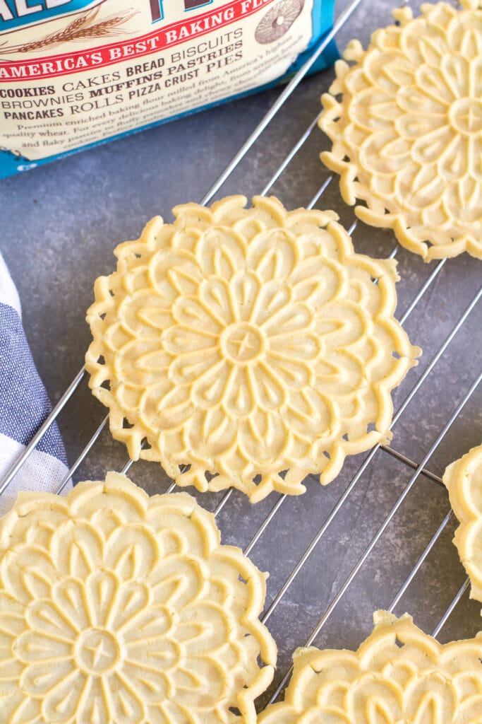 Pizzelle cooling on a wire baking rack
