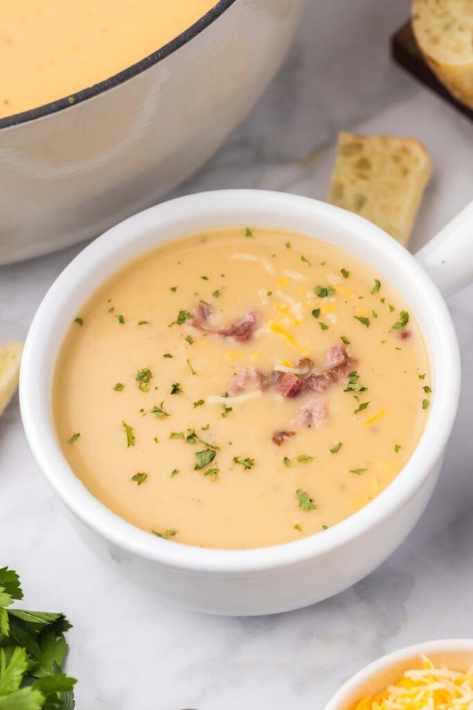 A white bowl of potato leek soup topped with bacon bits and cheese on a grey background with a dutch oven on the side