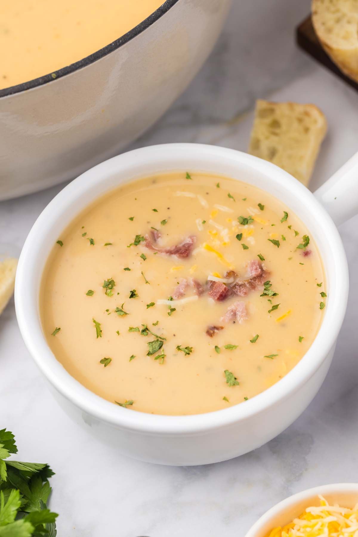A white bowl of potato leek soup topped with bacon bits and cheese on a grey background with a dutch oven on the side