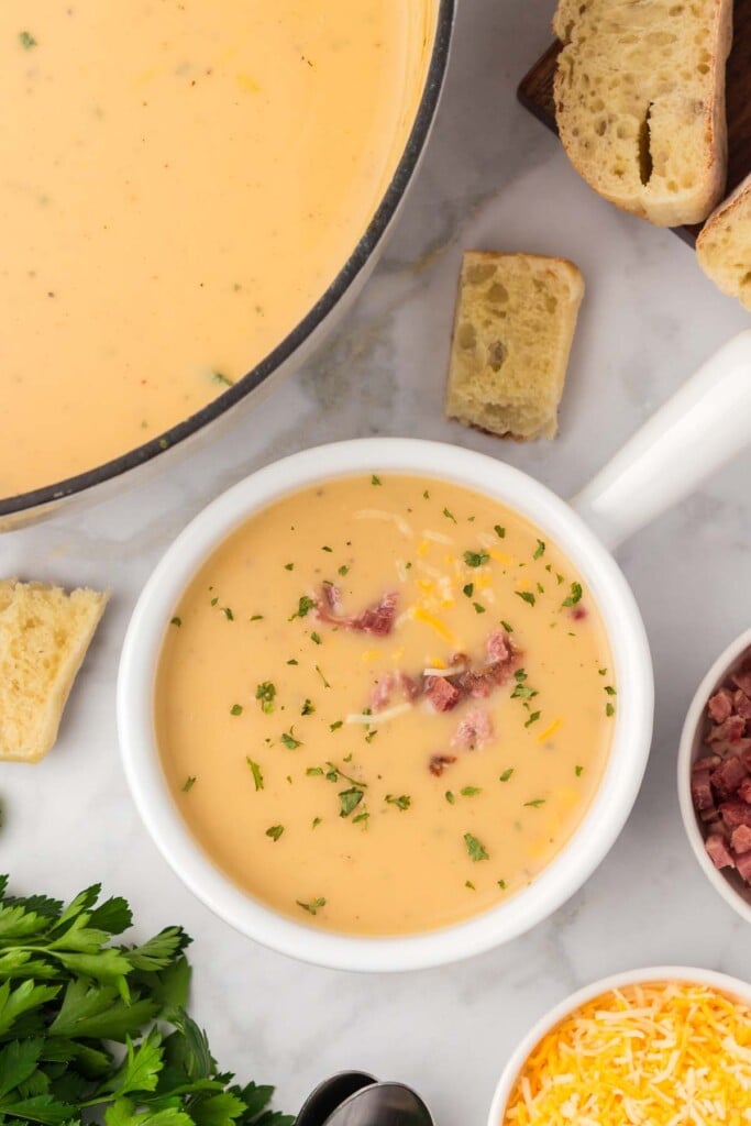 An overhead shot of a white bowl of potato leek soup on a grey background with pieces of bread and a dutch oven of the soup on the side.