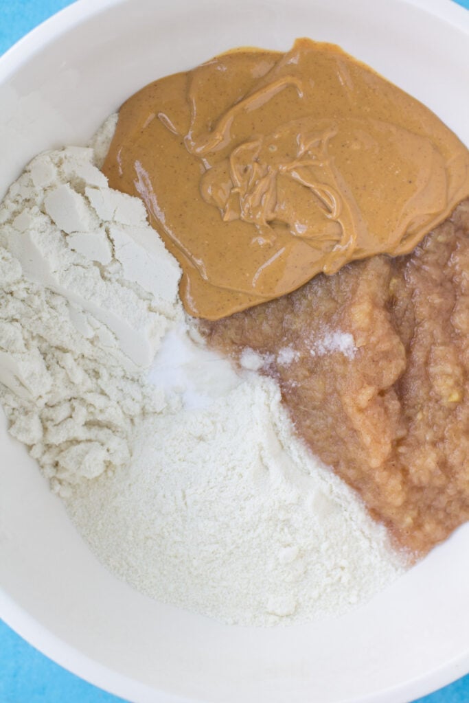 Protein cookie dough batter in a bowl before being mixed together