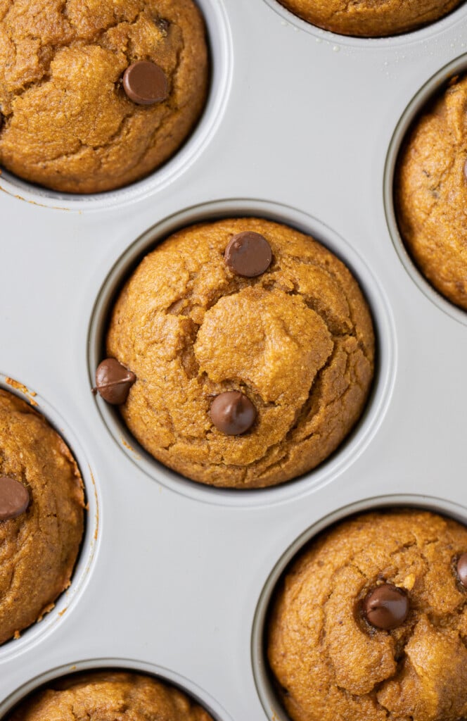 a close up of healthy pumpkin muffins in a grey baking sheet
