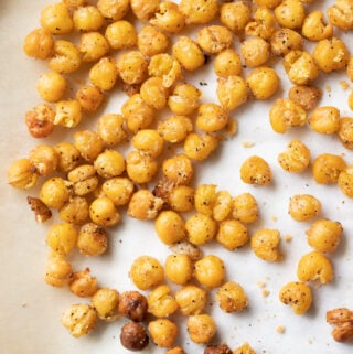 Healthy Roasted Chickpeas on a parchment lined baking sheet