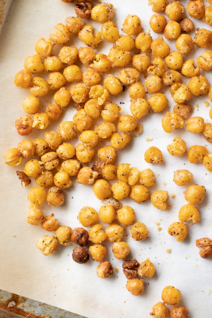 Healthy Roasted Chickpeas on a parchment lined baking sheet