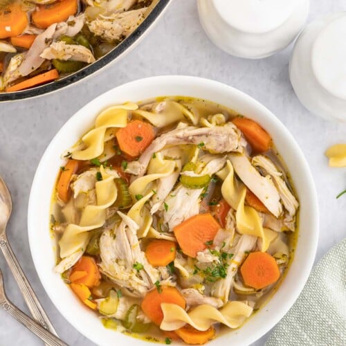 A white bowl of rotisserie chicken soup with the dutch oven of the soup on the side on a marble counter