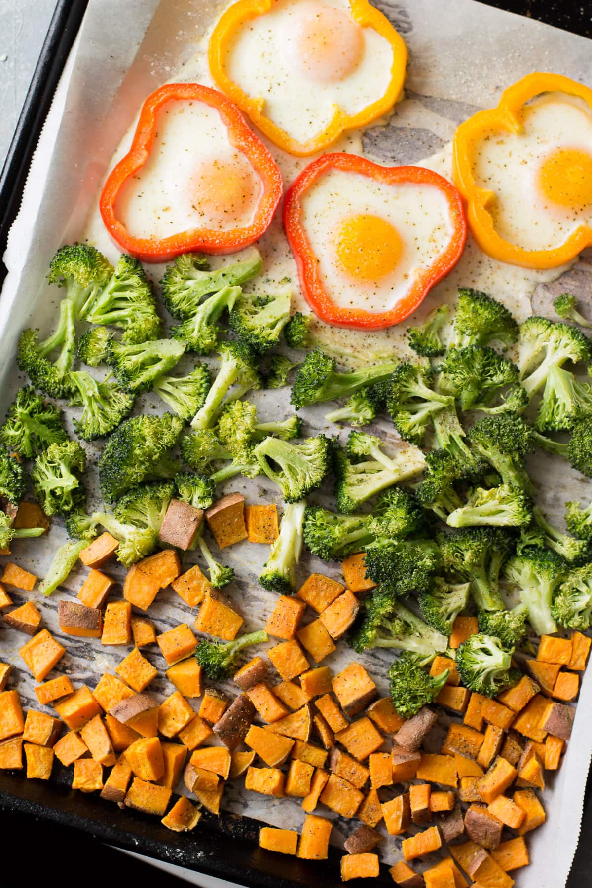 Sheet Pan Breakfast with potatoes, broccoli, and eggs on a parchment lined baking sheet.