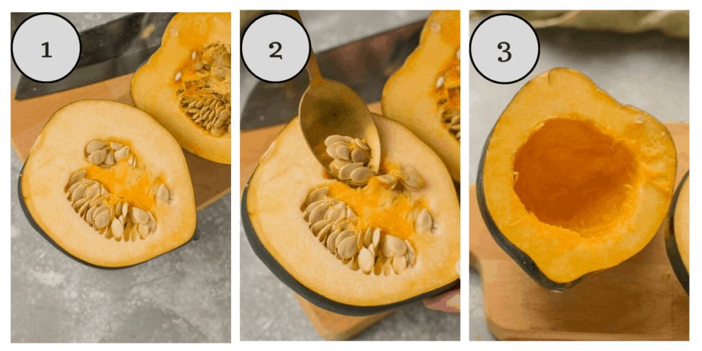 A collage with step by step instructions showing how to cut acorn squash