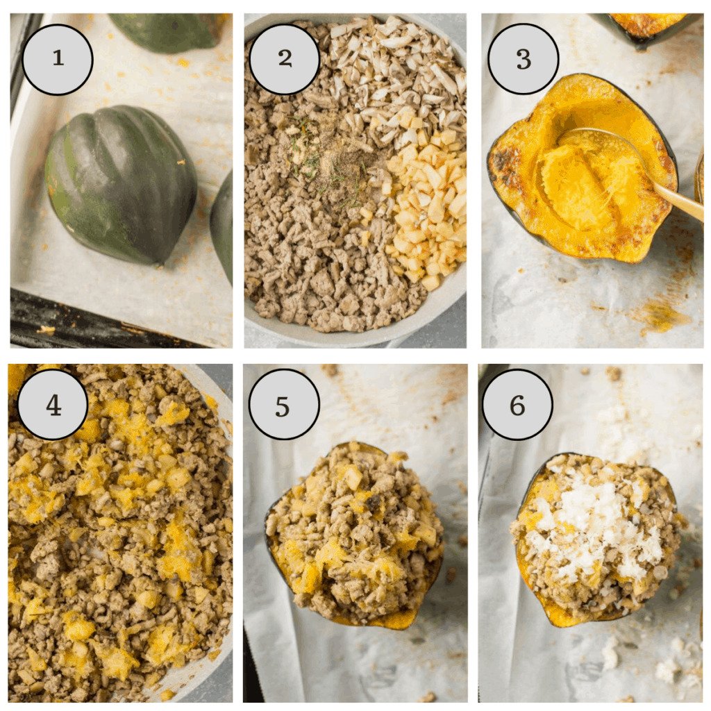 A collage with step by step instructions showing how to make stuffed acorn squash.