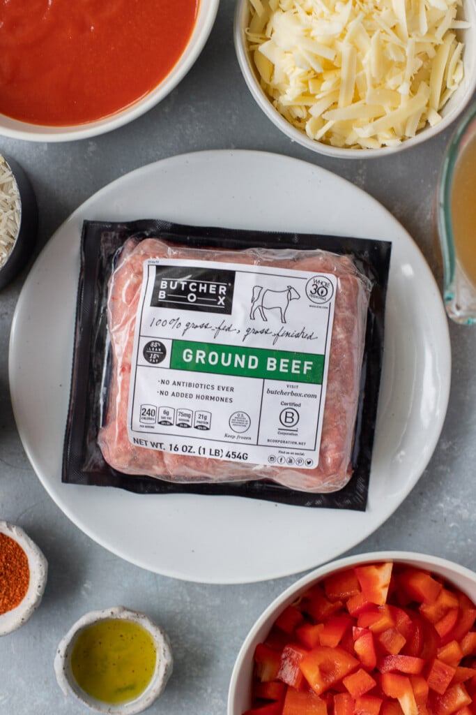 A close up of butcherbox ground beef before being cooked in a cheesy taco skillet