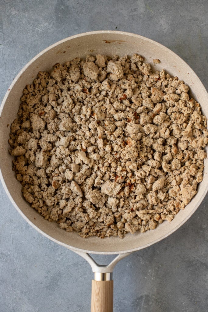Ground turkey browned in a pan for turkey chili