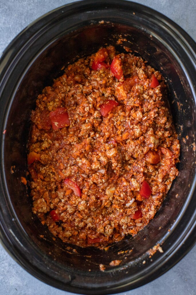 Turkey chili in the crockpot ready to be cooked