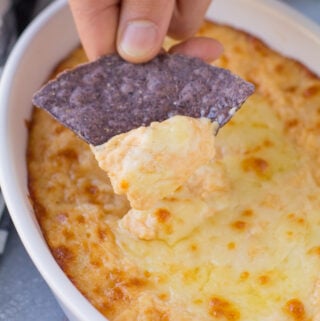 A hand scooping a bite ofVegetarian Buffalo Dip out of a white dish with a blue tortilla chip