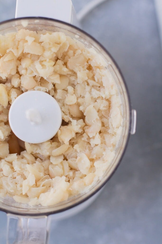 A close up of vegetarian buffalo dip before being pulsed in a food processor