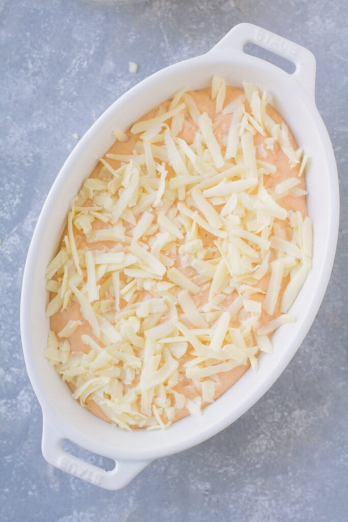 Vegetarian buffalo dip before being baked in the oven