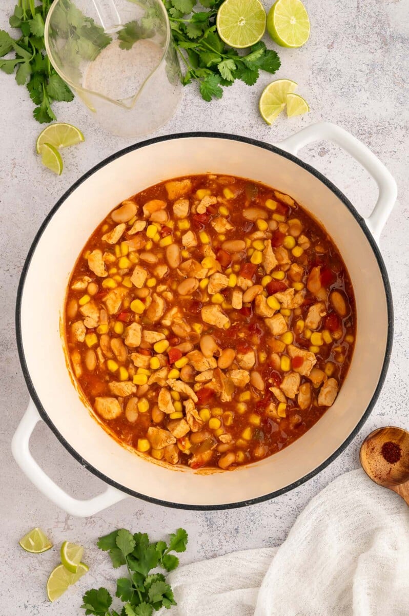 An overhead shot of a dutch oven of white bean chicken chili with fresh cilantro and limes on the side.