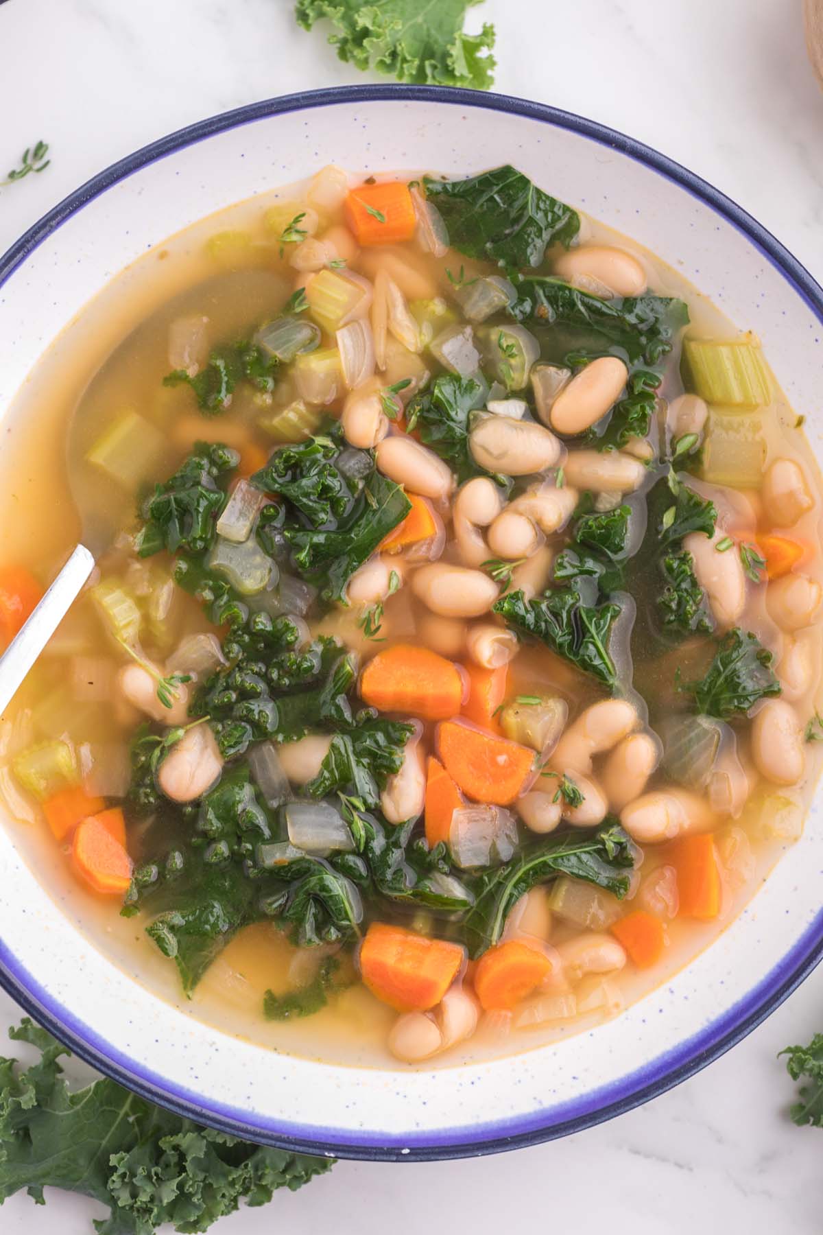 A bowl of Tuscan white bean soup on a white counter.