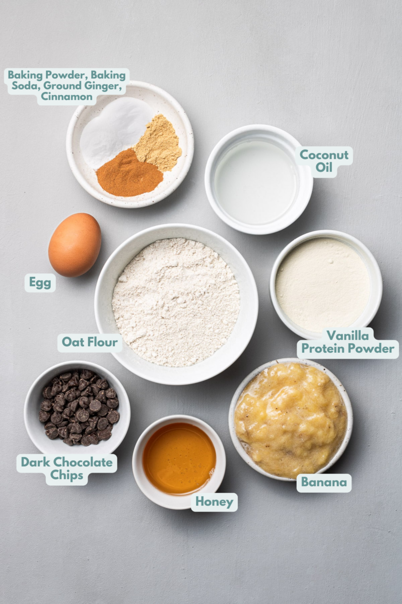 Ingredients for healthy banana protein muffins in white bowls on a grey background: honey, coconut oil, oat flour, protein powder, baking powder & baking soda, cinnamon, ground ginger, dark chocolate chips