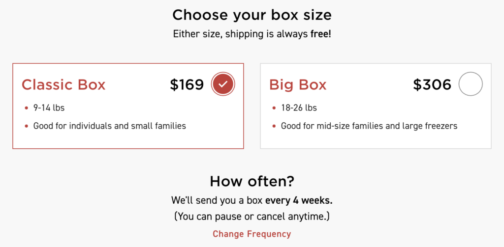 A view of what it looks like when you sign up to join ButcherBox and select your box size