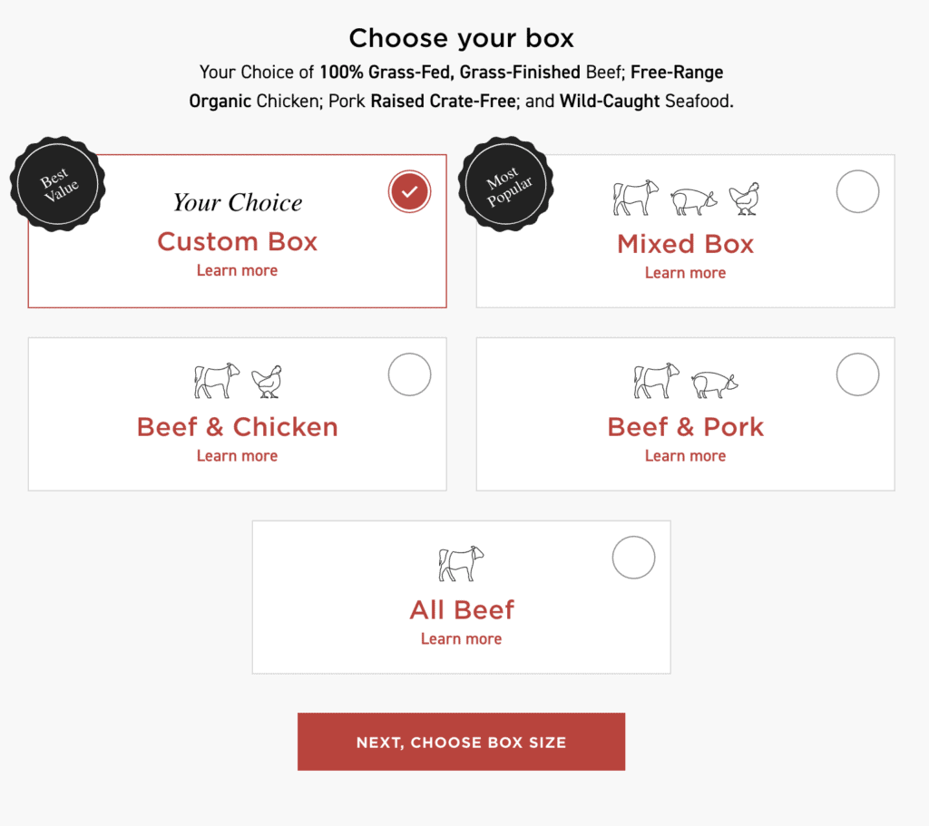 A close up of options of Butcherbox on their website