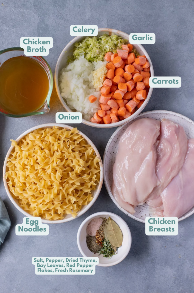 Ingredients for Crockpot Chicken Soup with Noodles in small white bowls on a grey background