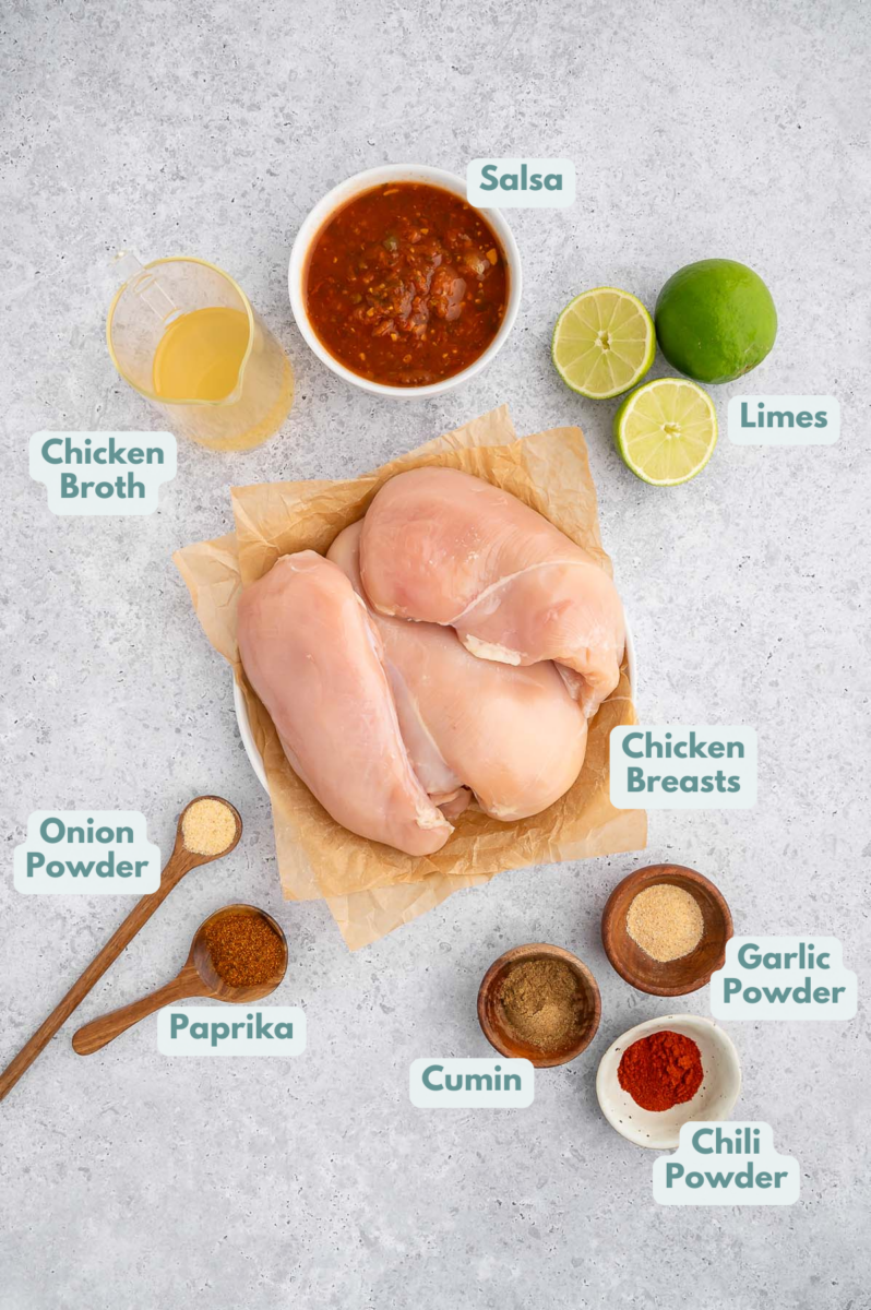 Ingredients for crockpot chicken tacos in small bowls: chicken breasts, chili powder, cumin, paprika, garlic powder, onion powder, salsa, limes, chicken broth