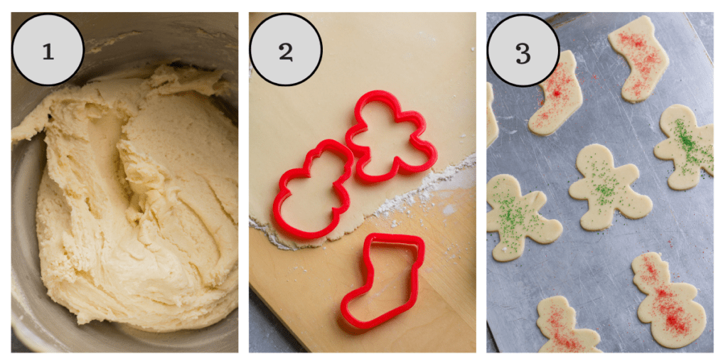 A collage with step by step instructions showing how to make cut out sugar cookies.
