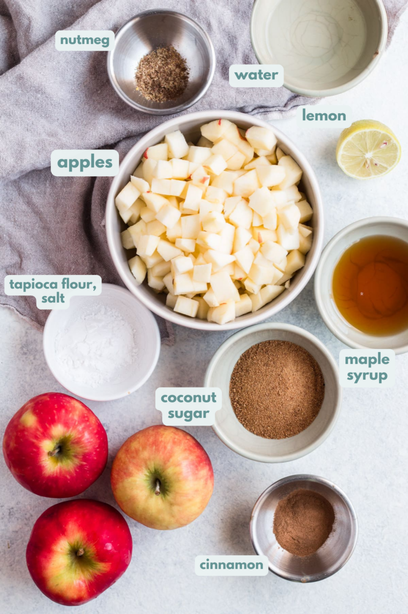 Ingredients for Healthy Apple Crumble Bar filling in small white bowls