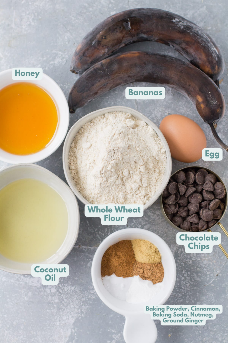 Ingredients for Healthy Banana Muffins in small white bowls on a grey background