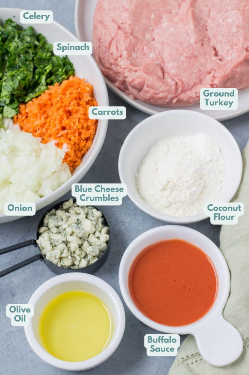 ingredients for buffalo turkey meatballs on a blue background in small white bowls.