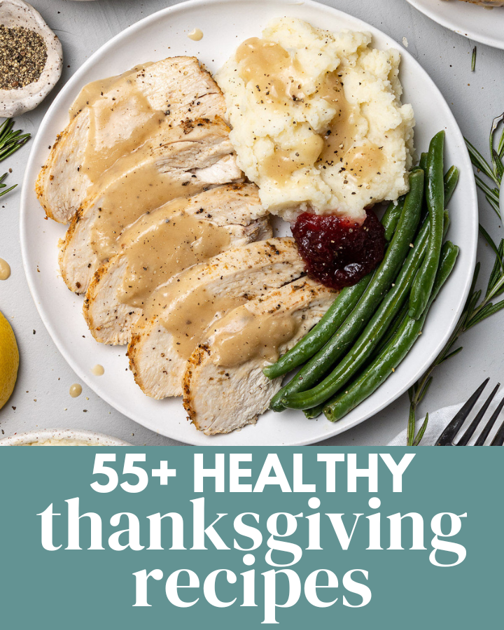 Healthy Thanksgiving Recipes - a blue image over lay in top of a plate of thanksgiving food