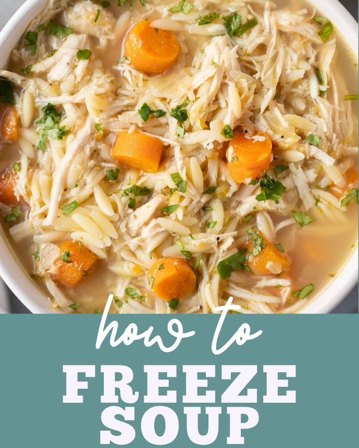 A bowl of chicken noodle soup with 'how to freeze soup' as a text overlay