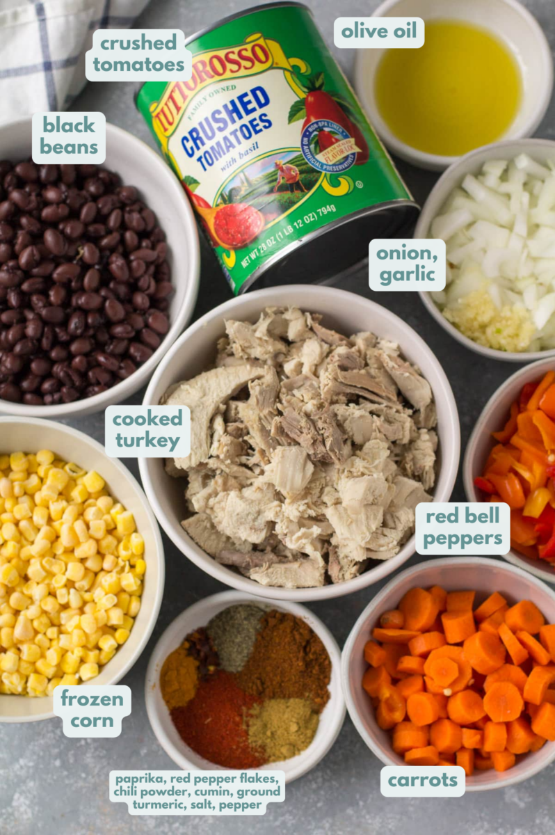 Ingredients for Leftover Turkey Chili in small white bowls on a grey background