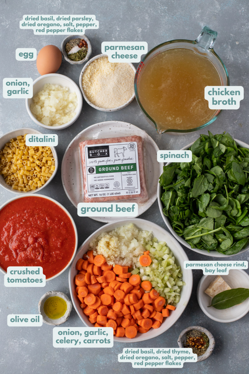 Ingredients for meatball soup in bowls on a grey background: ground beef, egg, breadcrumbs, parmesan cheese,olive oil, onion, garlic,celery, carrots, spices, parmesan cheese rind (optional), chicken broth, crushed tomatoes, spinach, ditalini