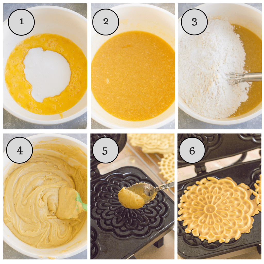 A collage with step by step instructions showing how to make Pizzelle