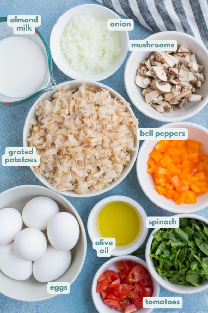 Ingredients for Potato Crust Quiche in small white bowls