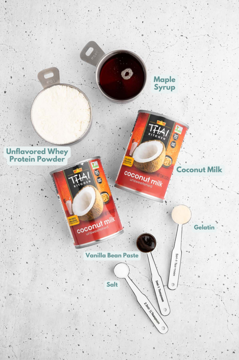 Ingredients for high protein ice cream in measuring cups on a white background: unsweetened coconut milk, maple syrup, sea salt, gelatin, whey protein powder, vanilla bean paste