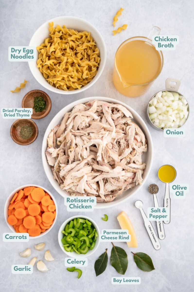 Ingredients for rotisserie chicken soup in small bowls: olive oil, onion, garlic, celery, carrots, salt, pepper, dried parsley, dried thyme, bay leaves, parmesan cheese rind, rotisserie chicken, chicken broth, dry egg noodles