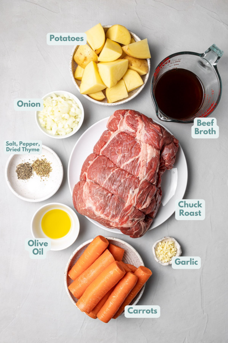 Ingredients for slow cooker pot roast in white bowls: chuck roast, carrots, potatoes, onion, beef broth, olive oil, garlic, dried thyme or rosemary, salt, + pepper