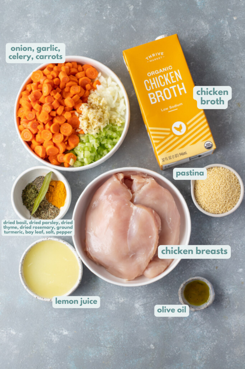Ingredients for Chicken Pastina Soup in small bowls: olive oil, onion, garlic, carrots, celery, chicken breasts, chicken broth, lemon juice, pastina, spinach , spices