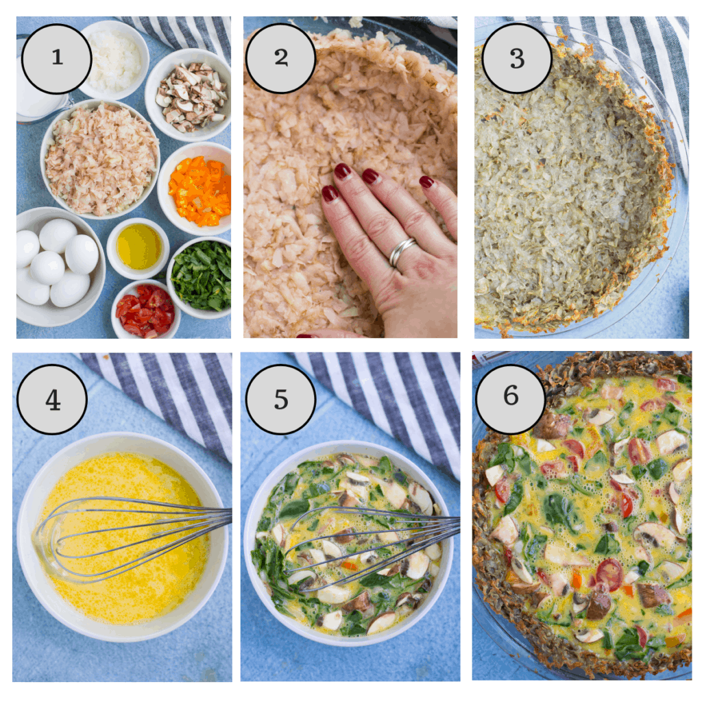 A collage of images that show how to make healthy potato crust quiche step by step.